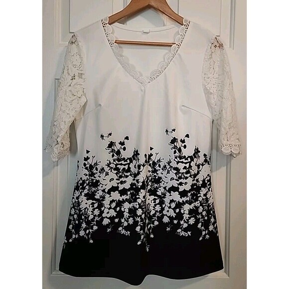Unbranded Tops - Black And White Women's Floral Lace 3/4.Sleeves Top Small Silky Tunic Blouse